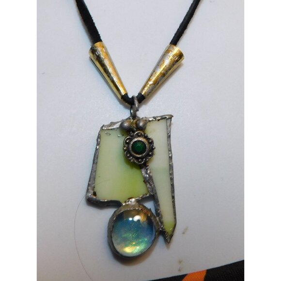 Handmade Abstract Green Stained Glass Pendant Necklace - Picture 2 of 6